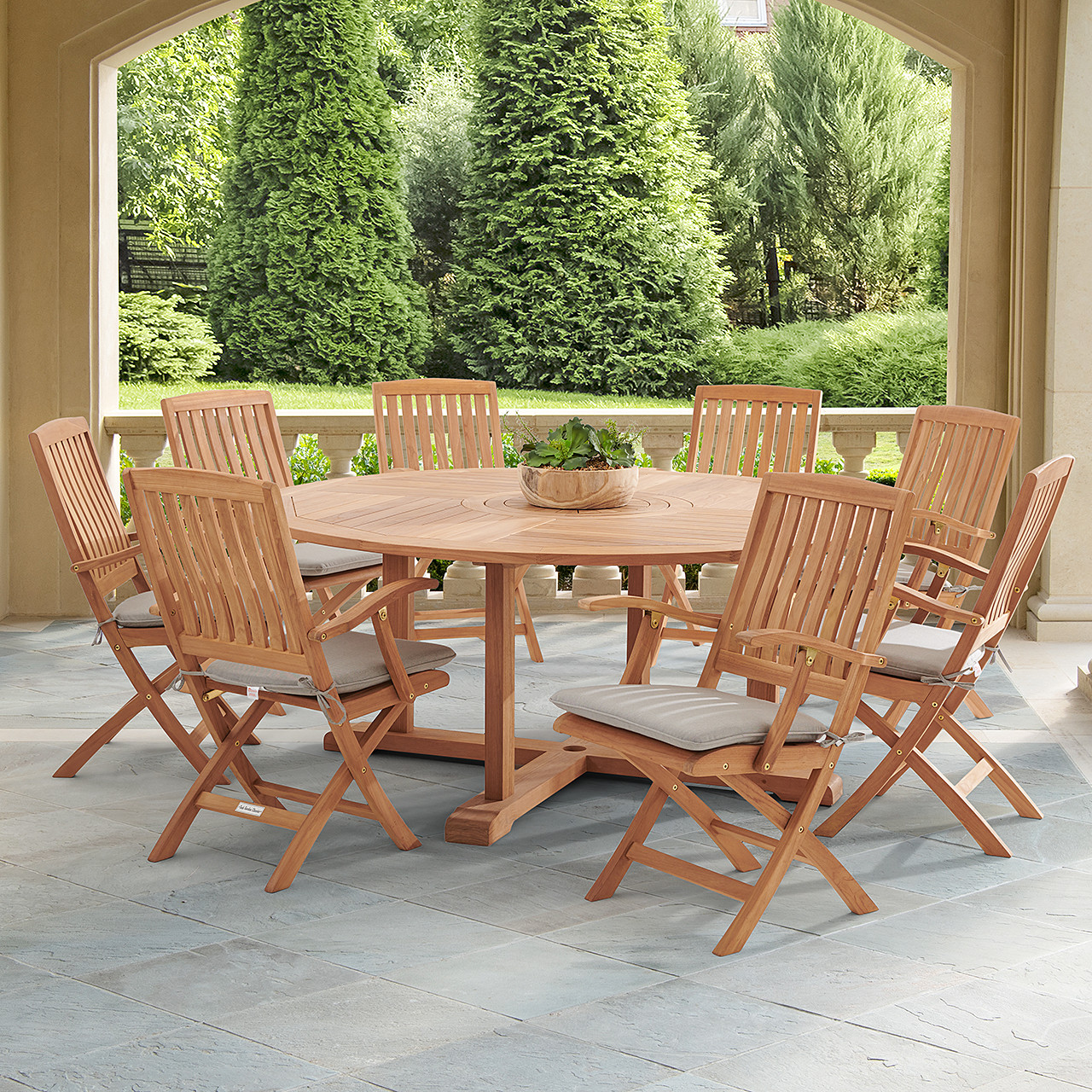 Westport Teak with Cushions 9 Piece Arm Dining Set + Bristol 70 in. D Table