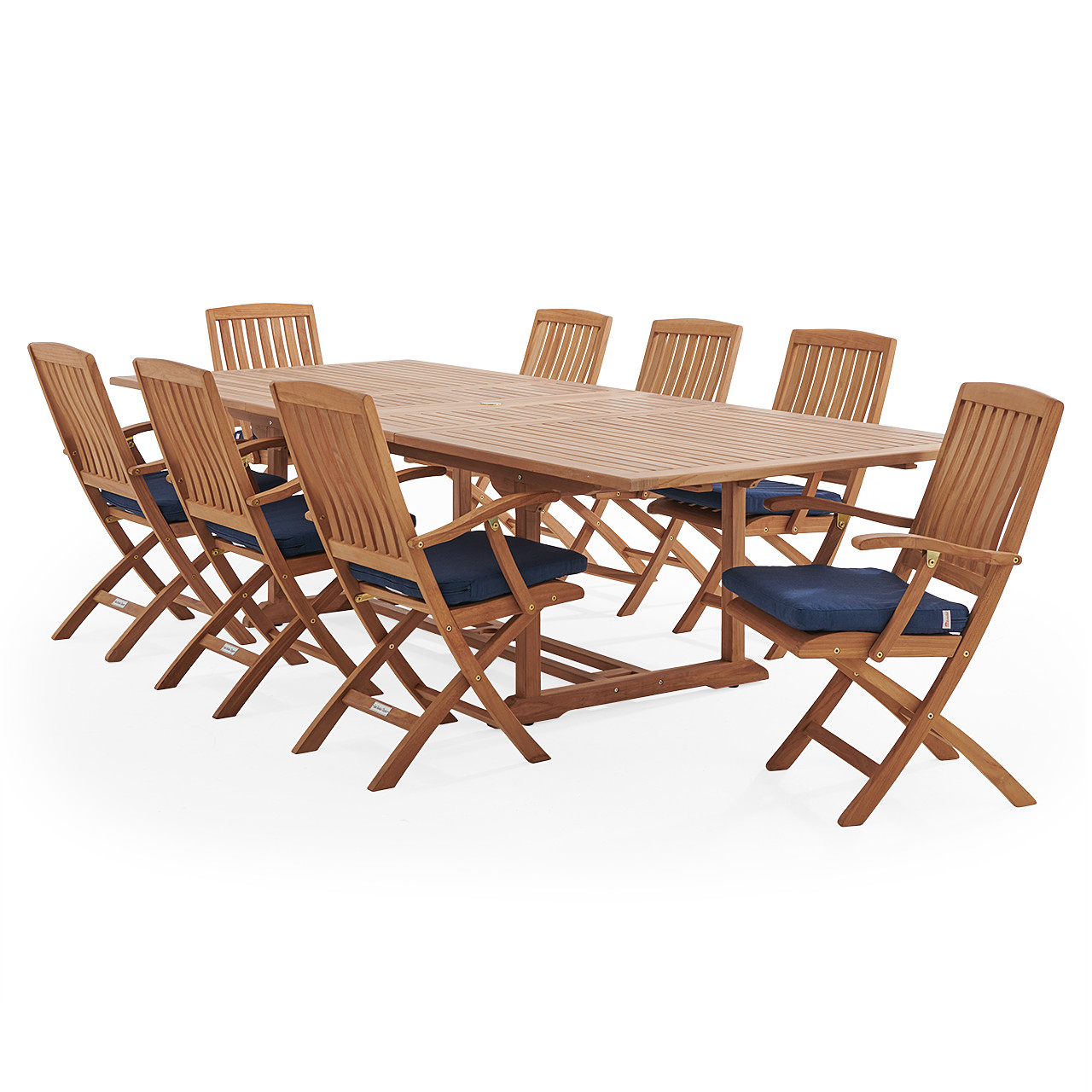 Westport Teak with Cushions 9 Piece Arm Dining Set + Bristol 87-118 x 47 in. Extension Table
