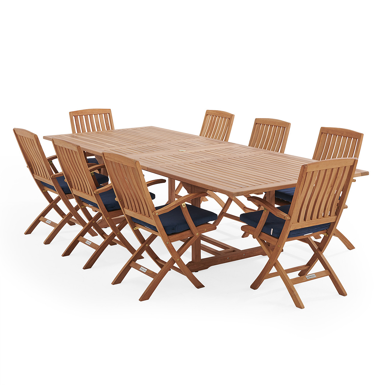Westport Teak with Cushions 9 Piece Arm Dining Set + Bristol 87-118 x 47 in. Extension Table