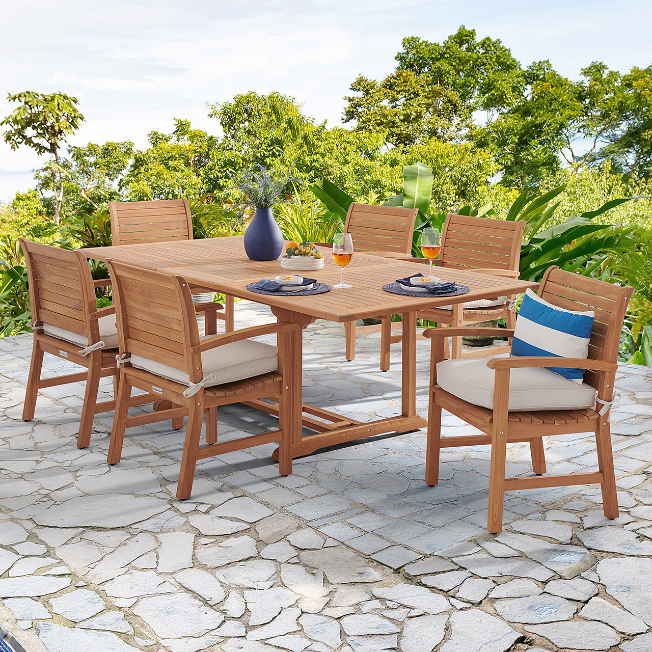 Pembroke Teak with Cushions 7 Piece Dining Set + 67-87 x 47 in. Extension Table