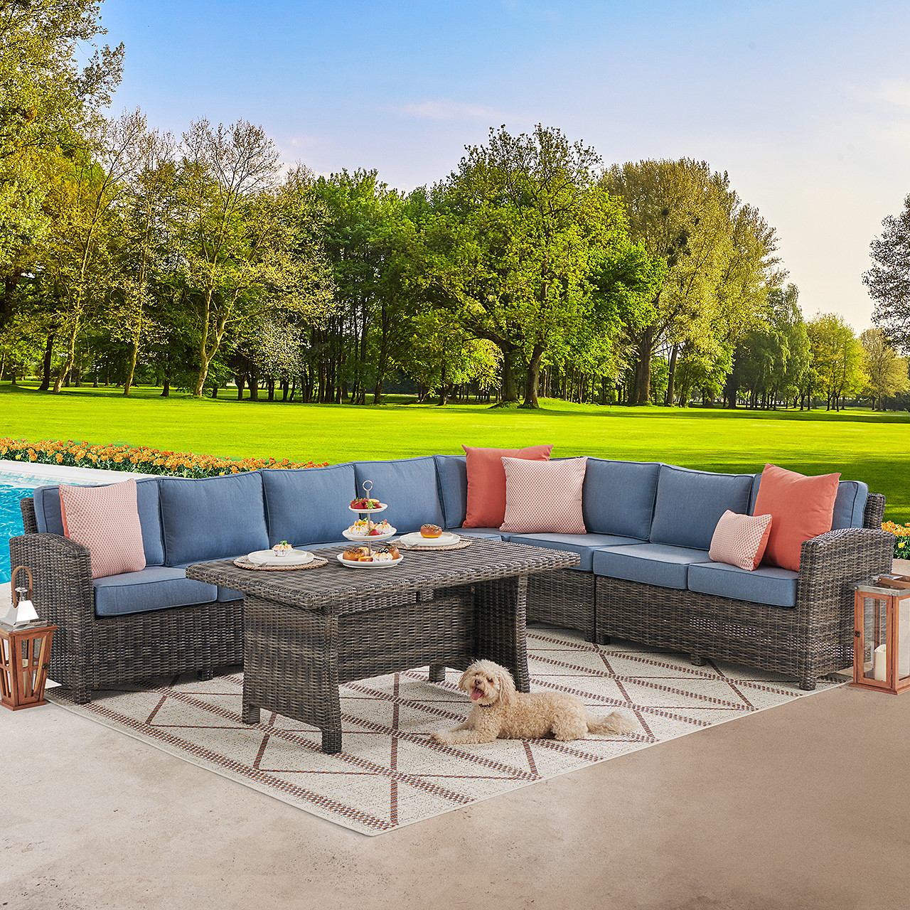 Venice Silver Oak Outdoor Wicker with Cushions 7 Piece Sectional + 59 x 32 in. Woven Top Lounge Table