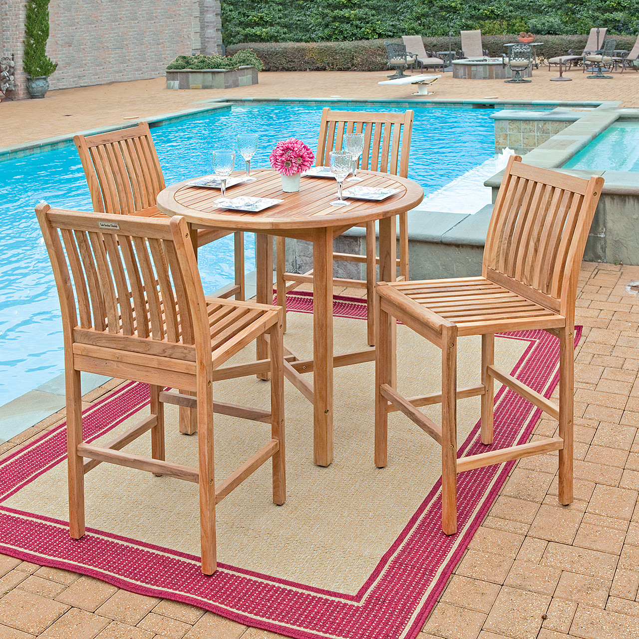 Eastchester Teak with Cushions 5 Piece Bar Set + 43 in. D Table