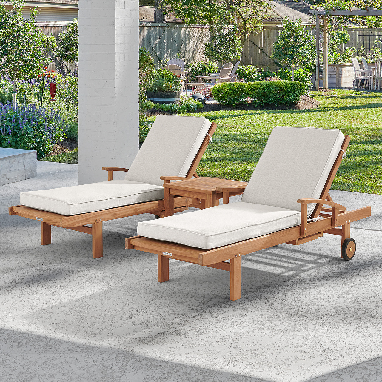Eastchester Natural Stain Solid Teak With Cushions 3 Piece Chaise Lounge Set + 20 in. sq. Side Table
