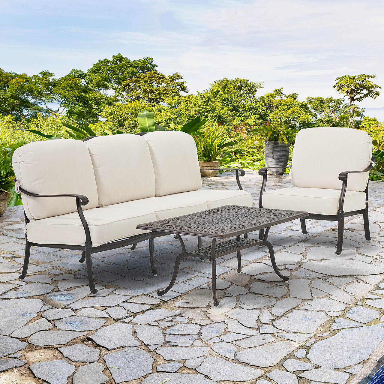Cadiz Aged Bronze Cast Aluminum with Cushions 3 Piece Sofa Group + 42 x 26 in. Coffee Table -