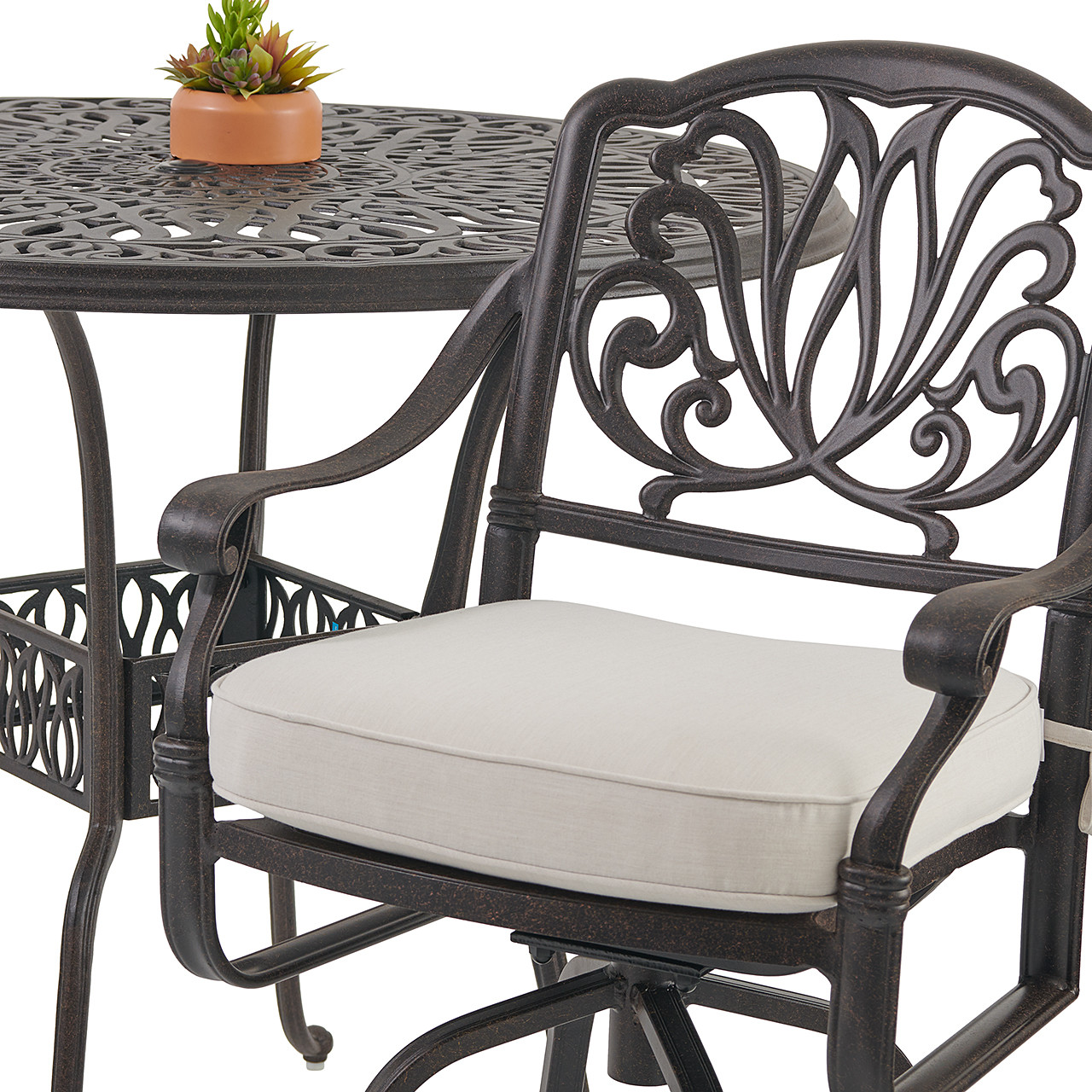 Cadiz Aged Bronze Cast Aluminum with Cushions 5 Piece Bar Set + 48 in. D Table -