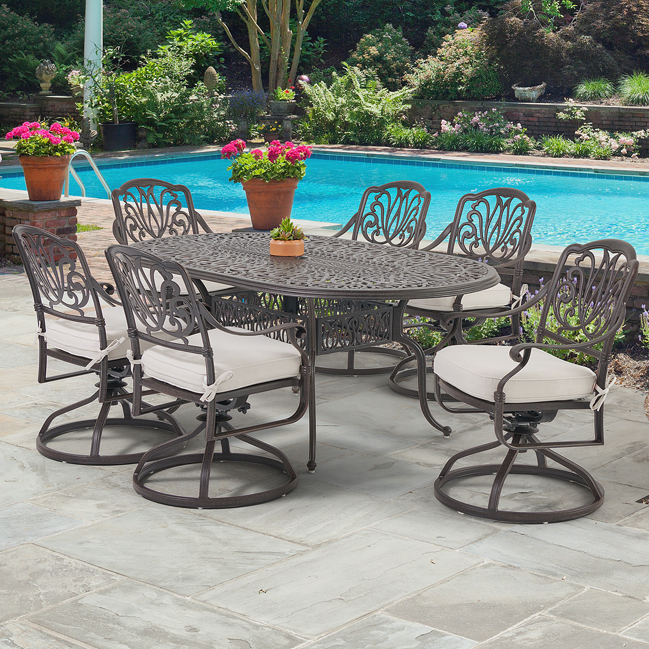 Cadiz Cast Aluminum with Cushions 7 Piece Swivel Dining Set + 72 x 42 in. Table -