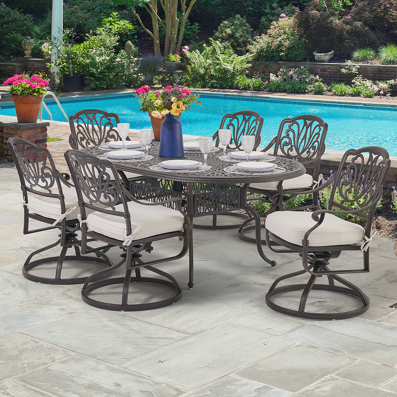 Cadiz Cast Aluminum with Cushions 7 Piece Swivel Dining Set + 72 x