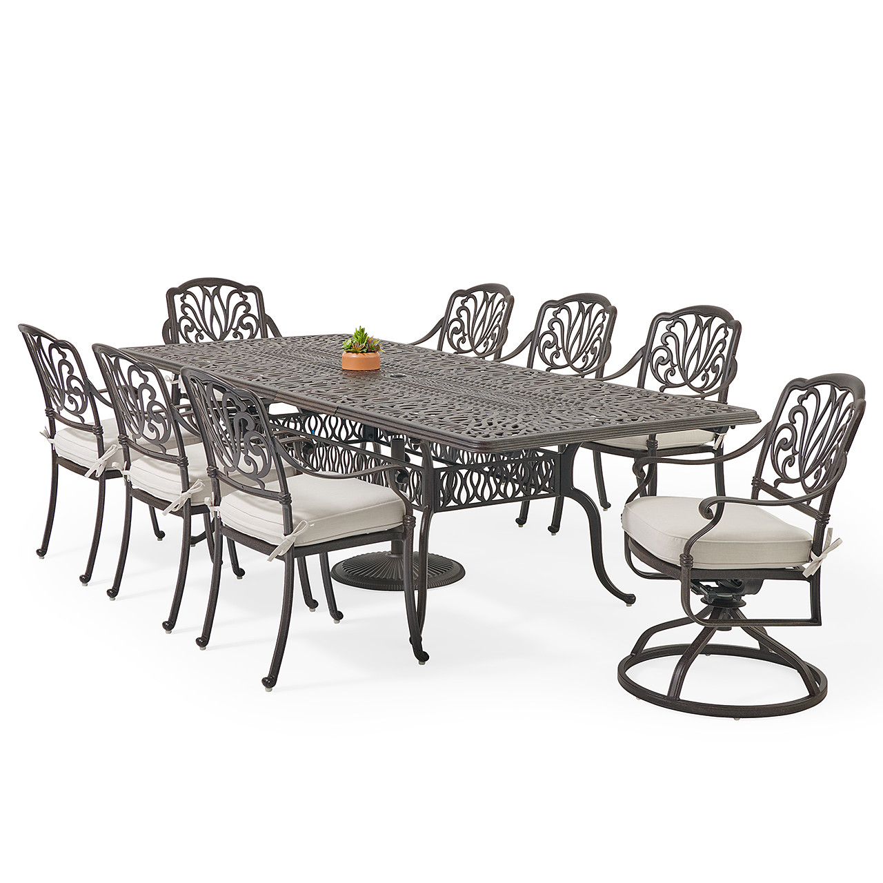 Cadiz Aged Bronze Cast Aluminum with Cushions 9 Piece Swivel Combo Dining Set + 71-103 x 44 in. Double Extension Table -