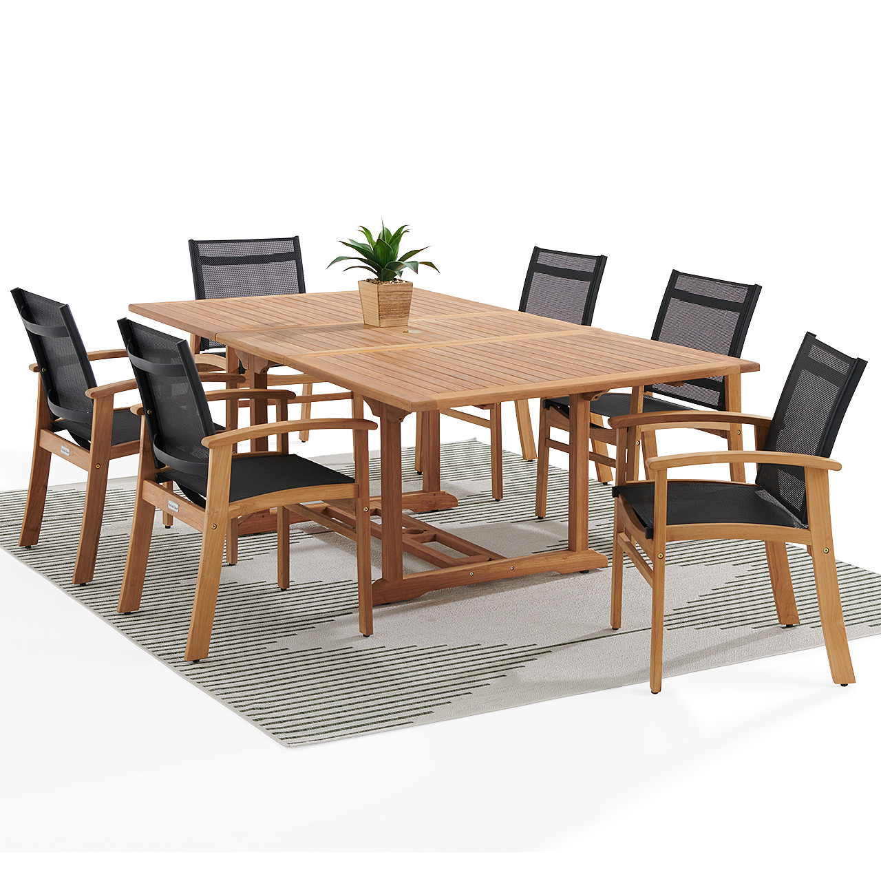 Sedona Teak with Black Sling 7 Piece Dining Set with 67-87 x 47 in