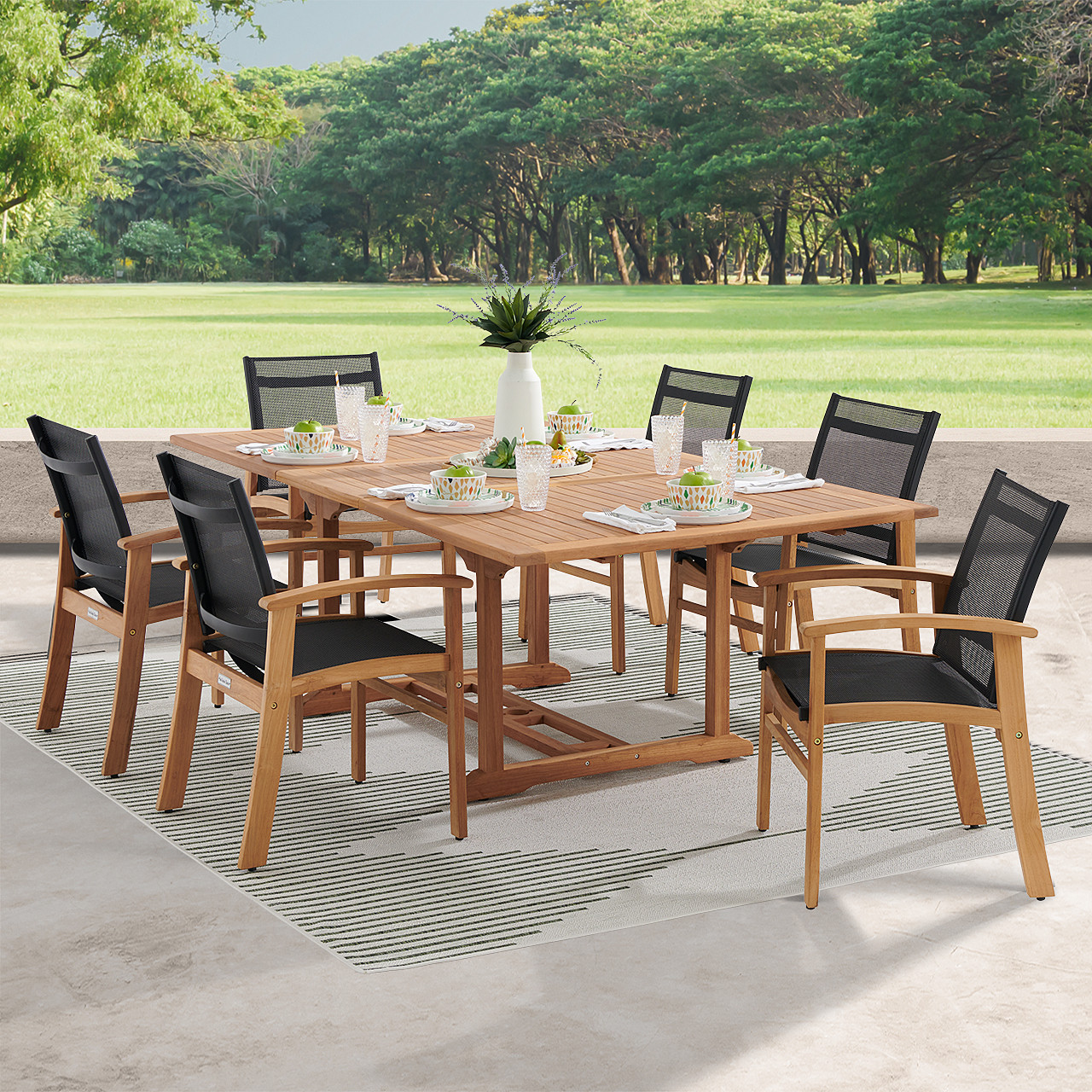 Sedona Teak with Black Sling 7 Piece Dining Set with 67-87 x 47 in