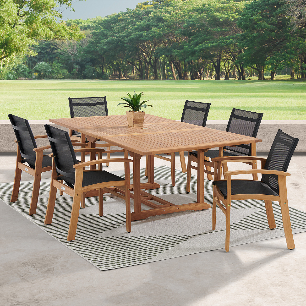 Sedona Teak with Black Sling 7 Piece Dining Set with 67-87 x 47 in