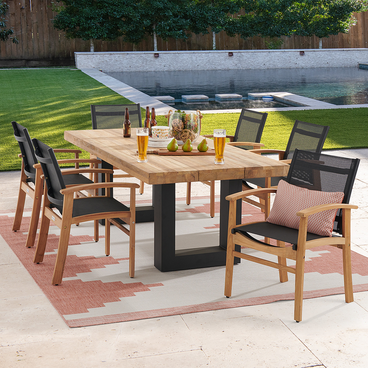 Sedona Teak with Black Sling 7 Piece Dining Set with 84 x 40