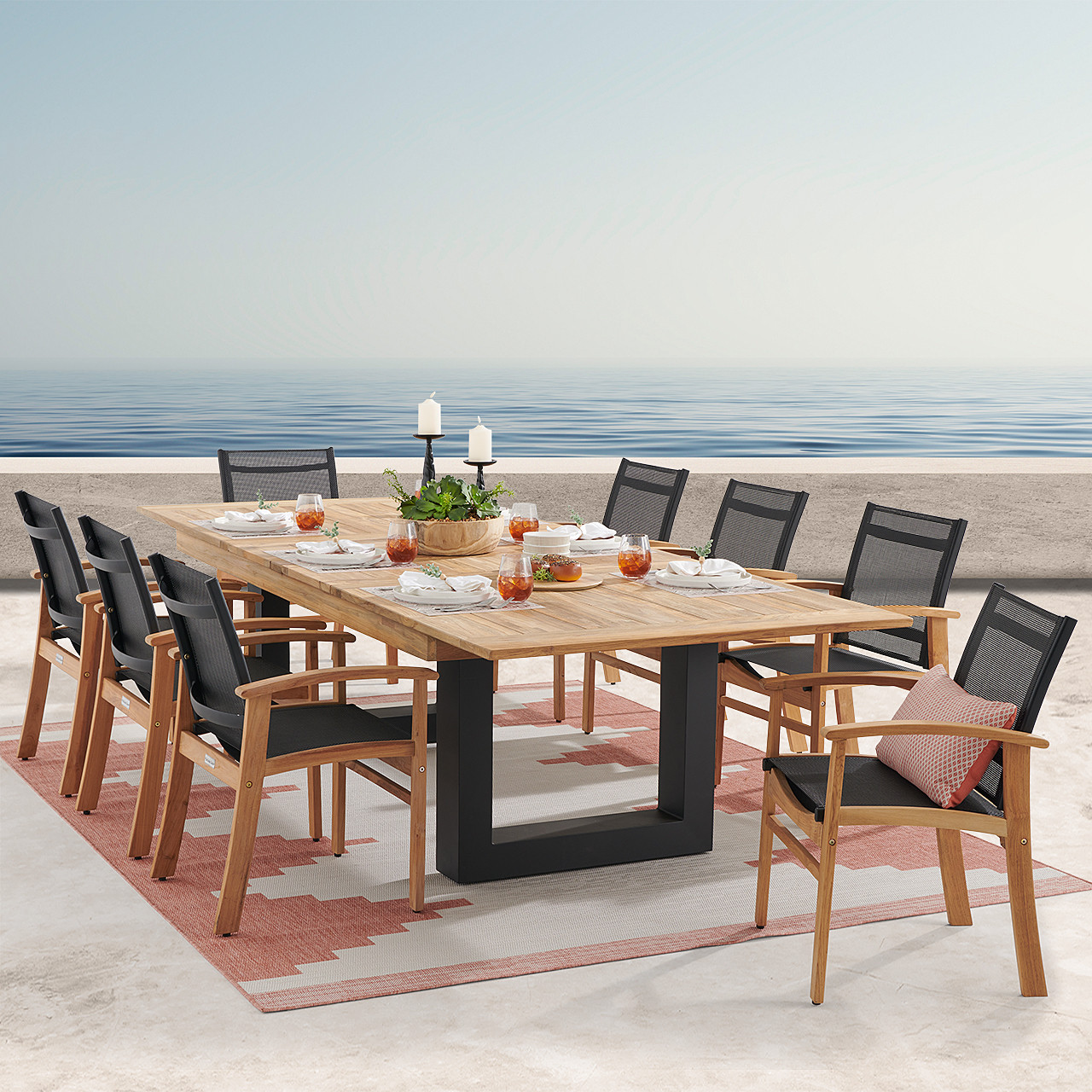 Sedona Teak with Black Sling 9 Piece Dining Set with 87-118 x 47 in. Balencia Extension Table