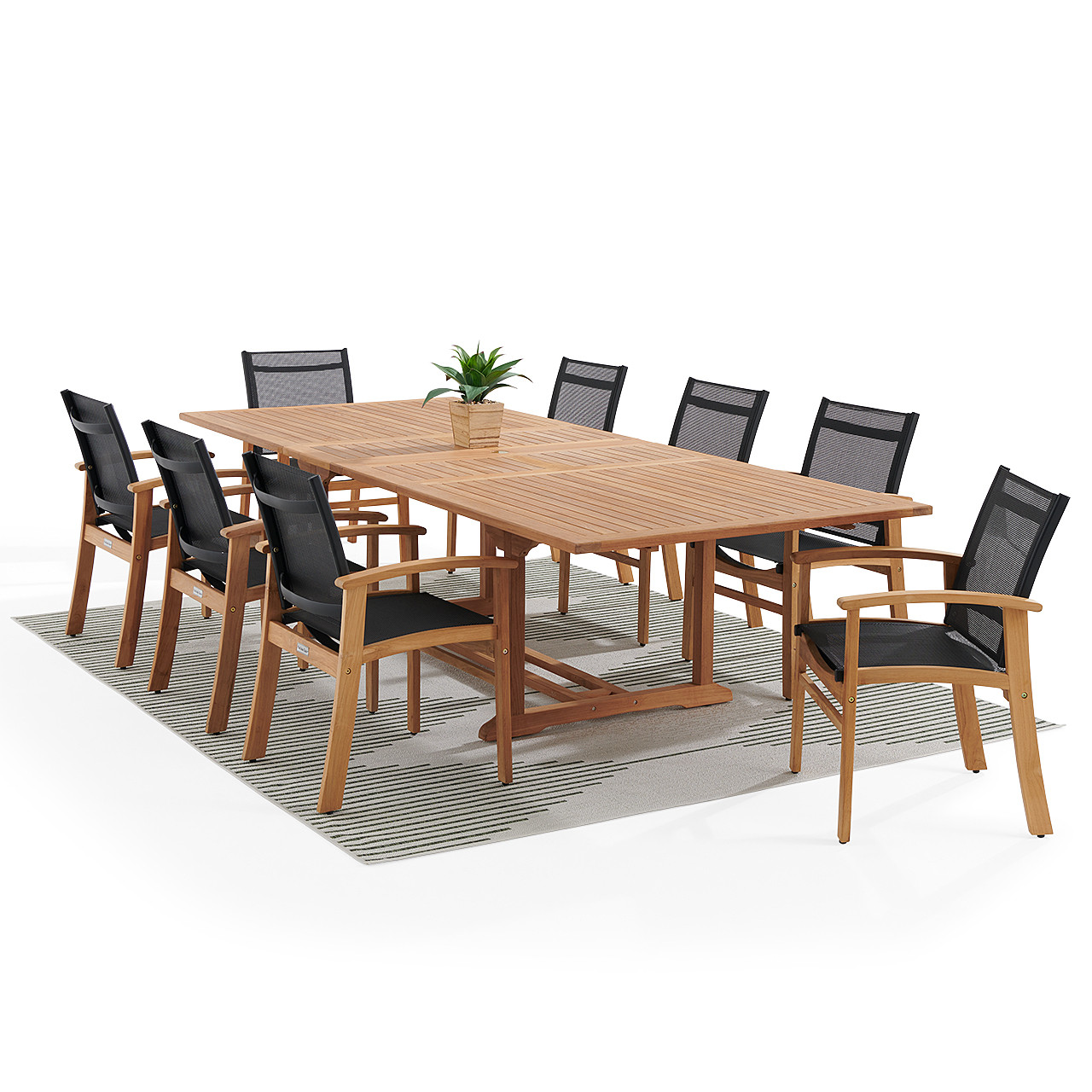 Sedona Teak with Black Sling 9 Piece Dining Set with 87-118 x 47