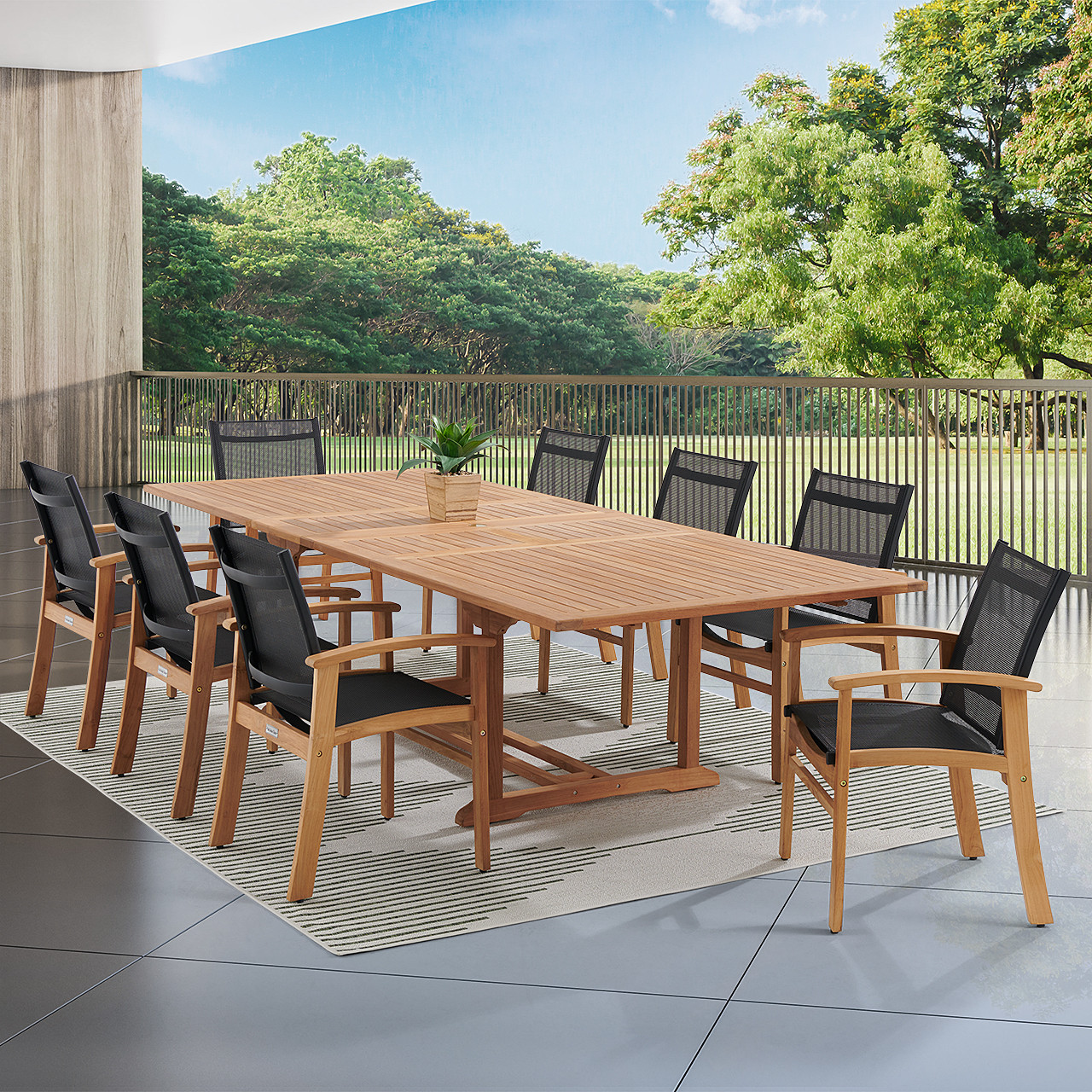 Sedona Teak with Black Sling 9 Piece Dining Set with 87-118 x 47