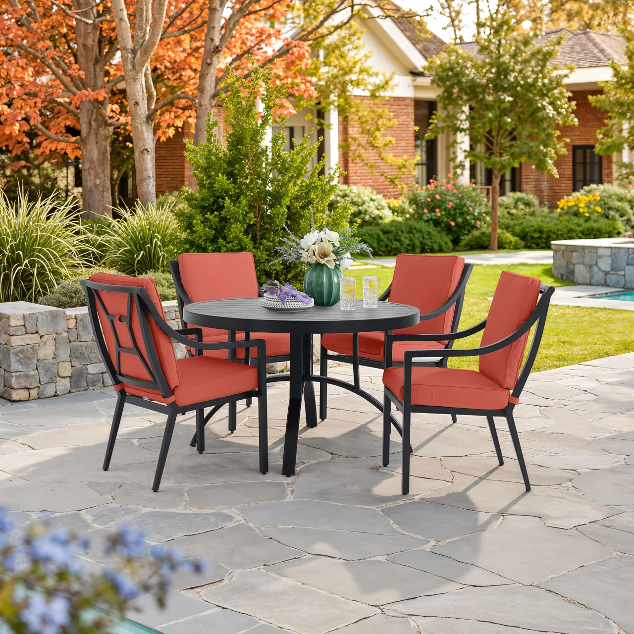 Hill Country Aged Bronze Aluminum and Cushion 5 Piece Dining Set + 48 in. D Table -