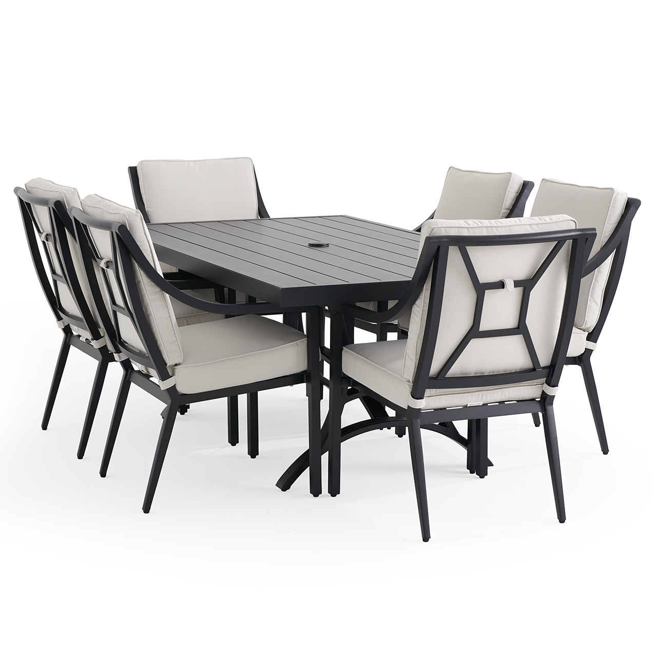 Hill Country Aged Bronze Aluminum and Cushion 7 Piece Dining Set + 72 x 42 in. Table -