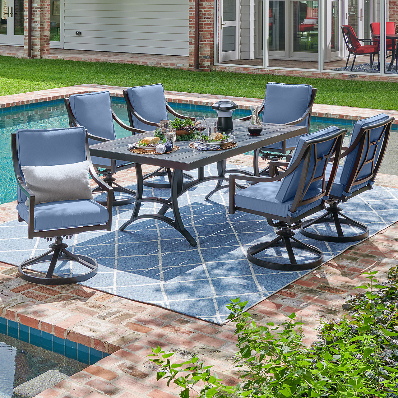 Hill Country Aged Bronze Aluminum and Cushion 7 Piece Swivel Dining Set + 72 x 42 in. Table -