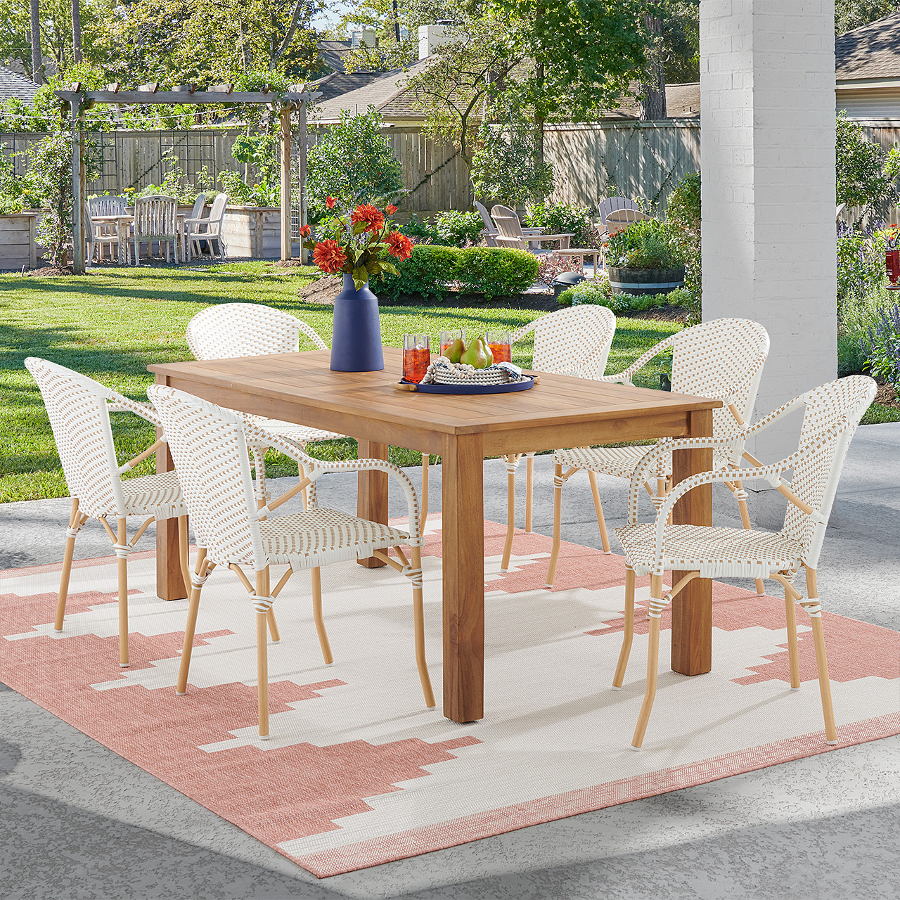 Parisian Cafe Cane Aluminum with Maple and White Outdoor Wicker 7 Arm Side Dining Set + 71 x 36 in. Teak Table