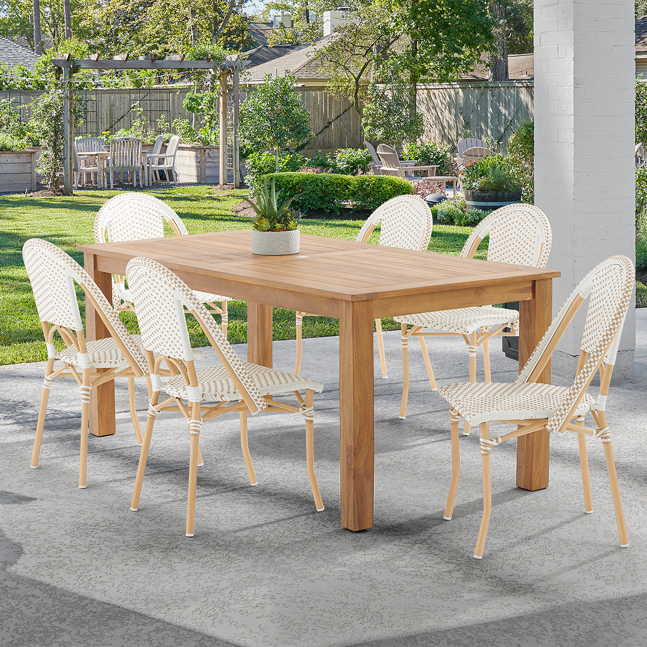 Parisian Cafe Cane Aluminum with Maple and White Outdoor Wicker 7 Piece Side Dining Set + 71 x 36 in. Teak Table