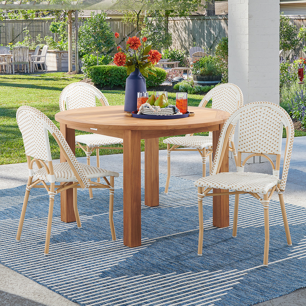 Parisian Cafe Cane Aluminum with Maple and White Outdoor Wicker 5 Piece Side Dining Set + 48 in. D Teak Table