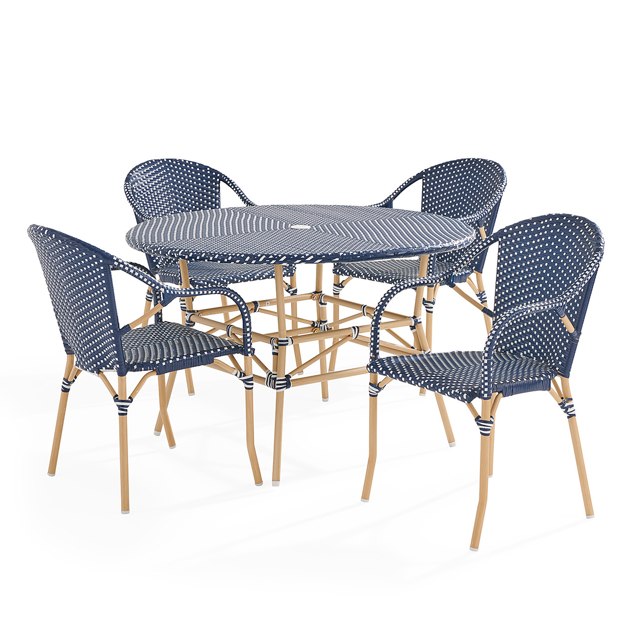 Parisian Cafe Cane Aluminum with Wicker 5 Piece Arm Dining Set + 48 in. D Table