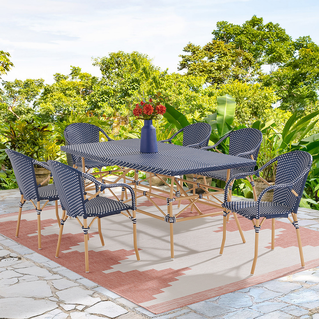 Parisian Cafe Cane Aluminum with Wicker 7 Piece Arm Dining Set + 72 x 42 in. Table