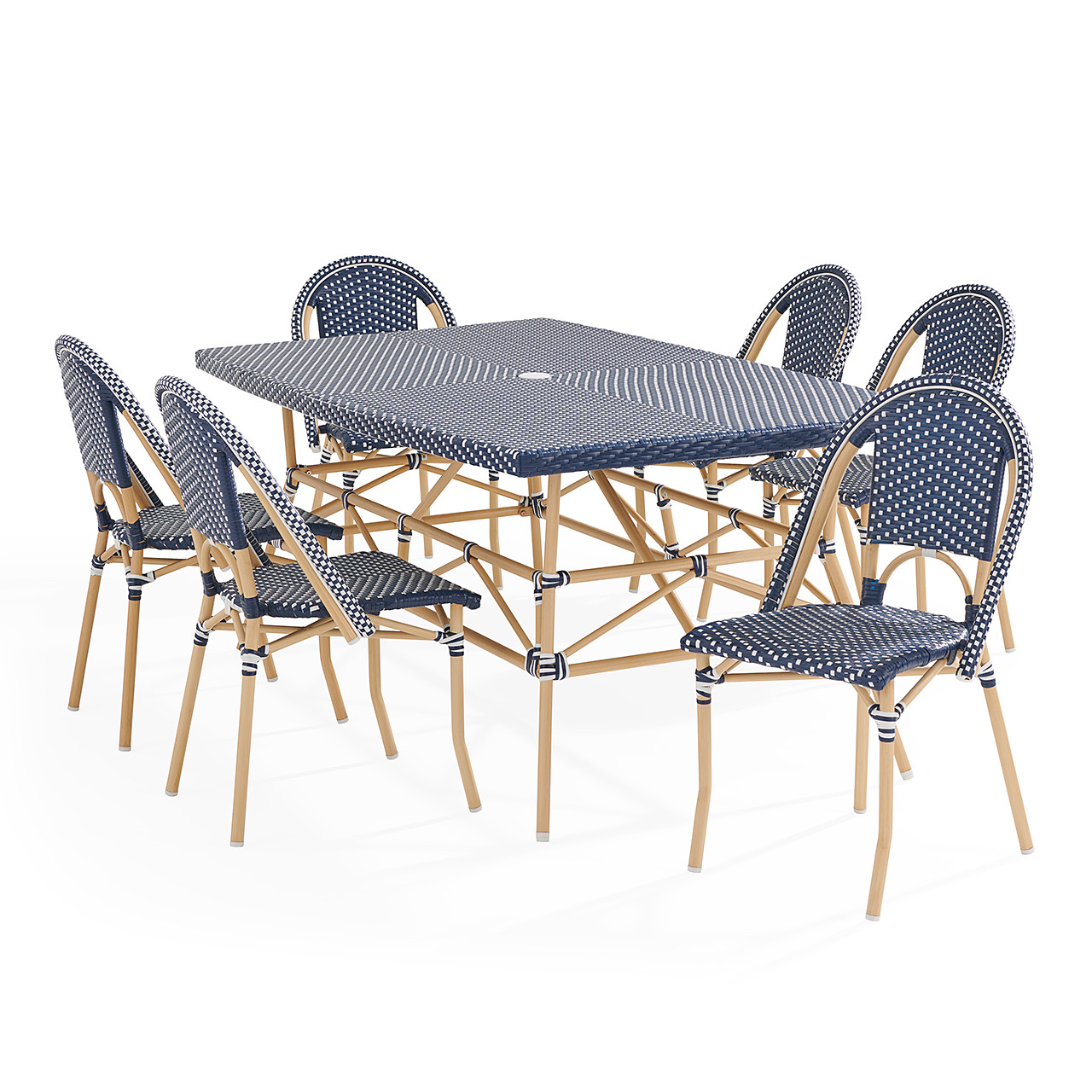 Parisian Cafe Cane Aluminum with Wicker 7 Piece Side Dining Set + 72 x 42 in. Table