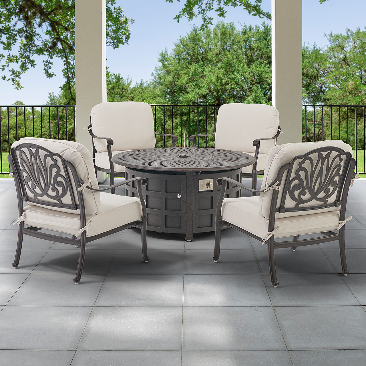 Cadiz Aged Bronze Cast Aluminum with Cushions 5 Piece Chat Group +