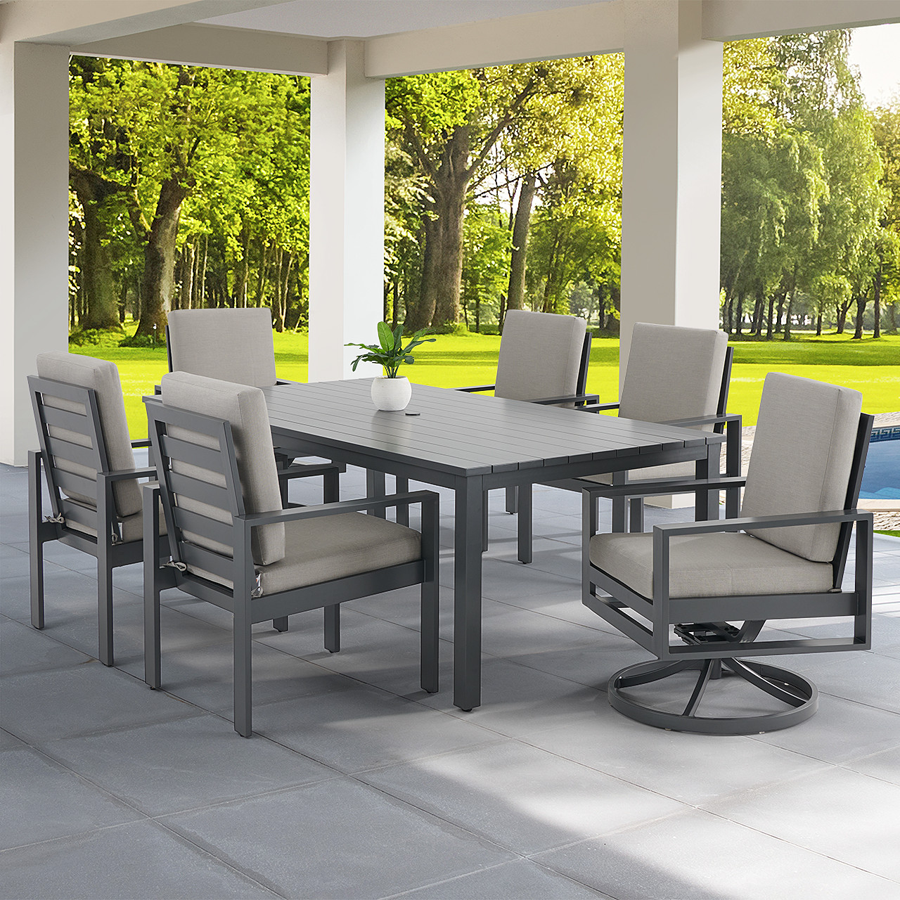 Soho Slate Grey Aluminum with Cushions 7 Piece Combo Dining Set +