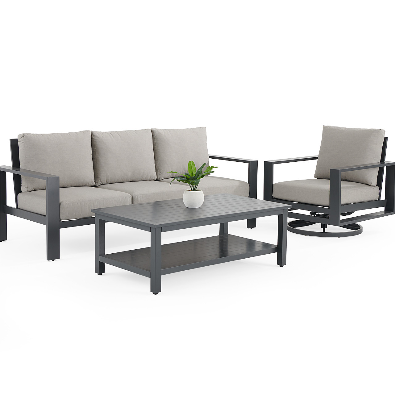 Soho Slate Grey Aluminum with Cushions 3 Piece Swivel Sofa Group +