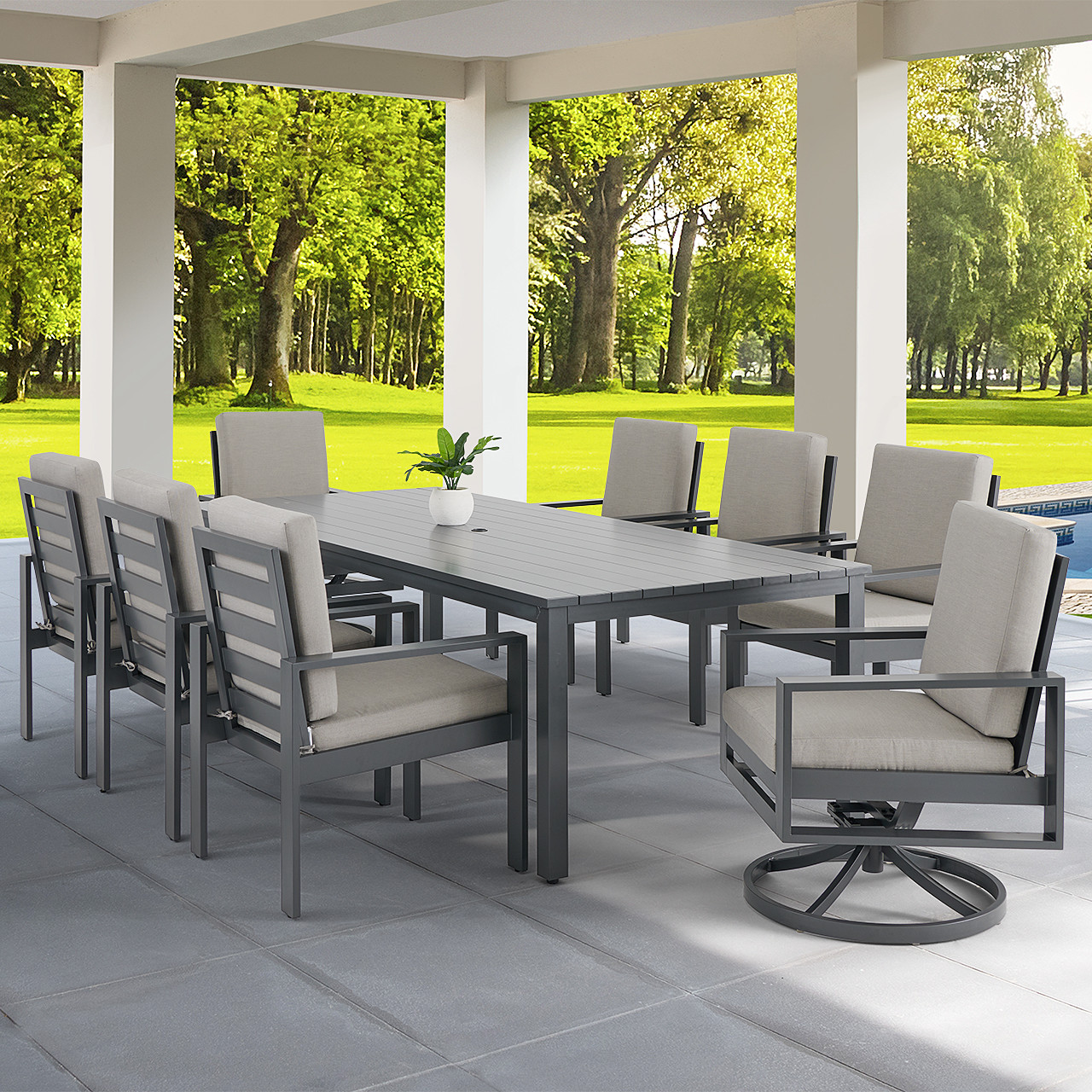 Soho Slate Grey Aluminum with Cushions 9 Piece Combo Dining Set +