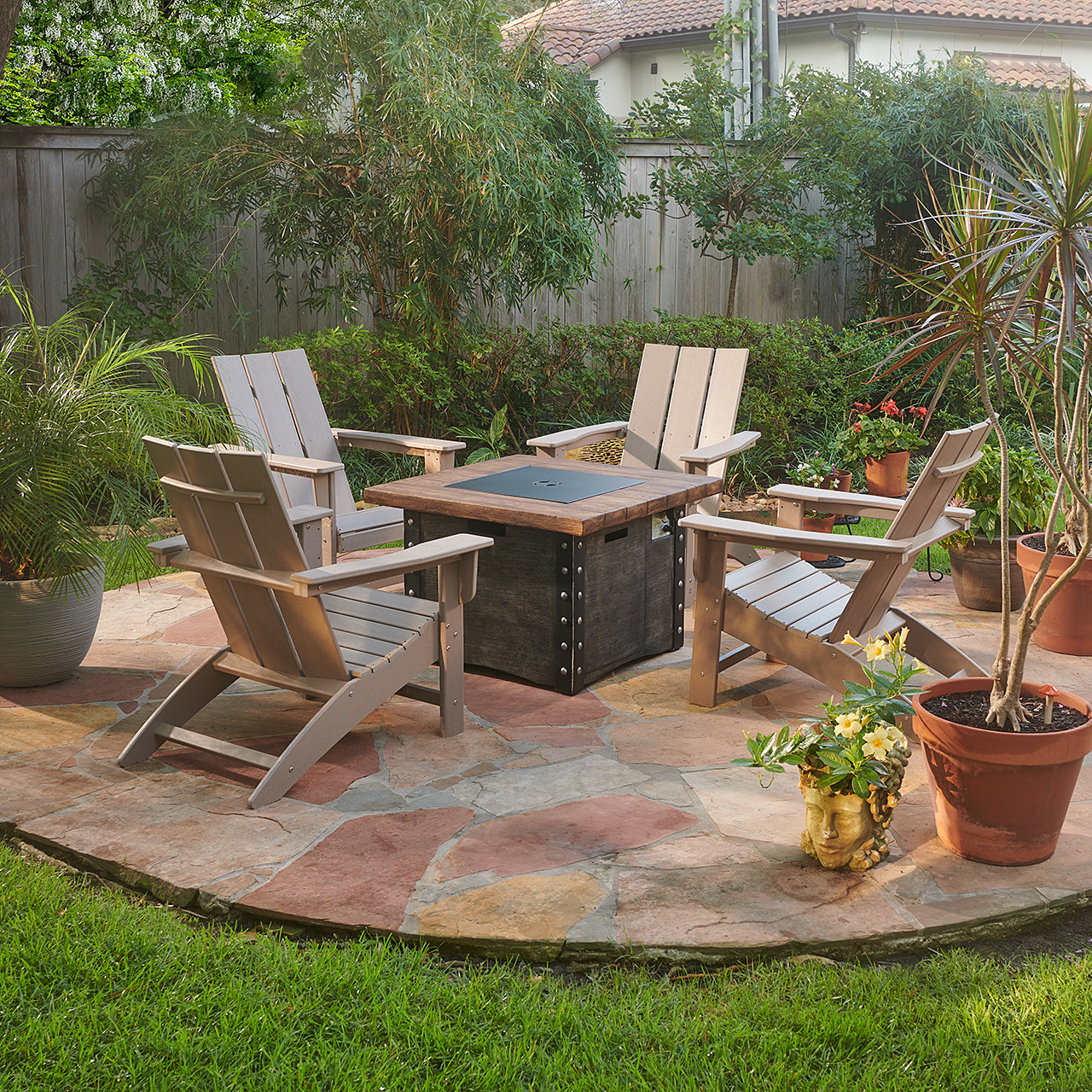 Modern 5 Piece Set XL Adirondack Chair Chat Sets + 34.5 in. Sq