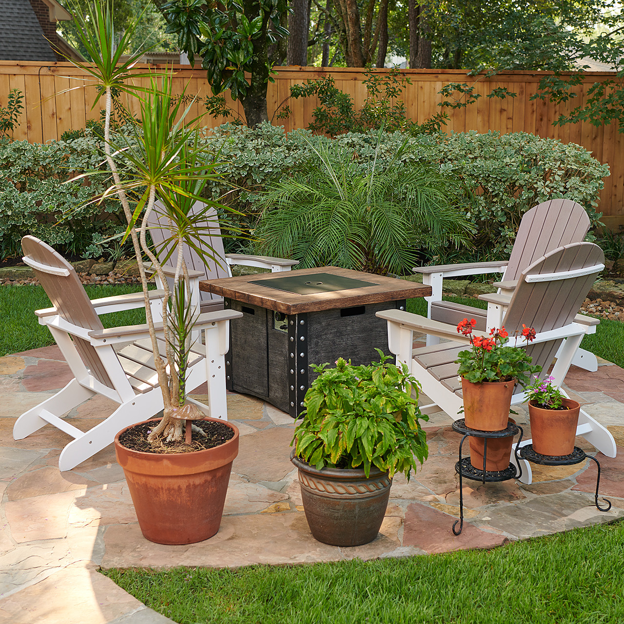 Farmhouse Polymer 5 Piece Adirondack Chair Chat Set + 34.5 in. Sq