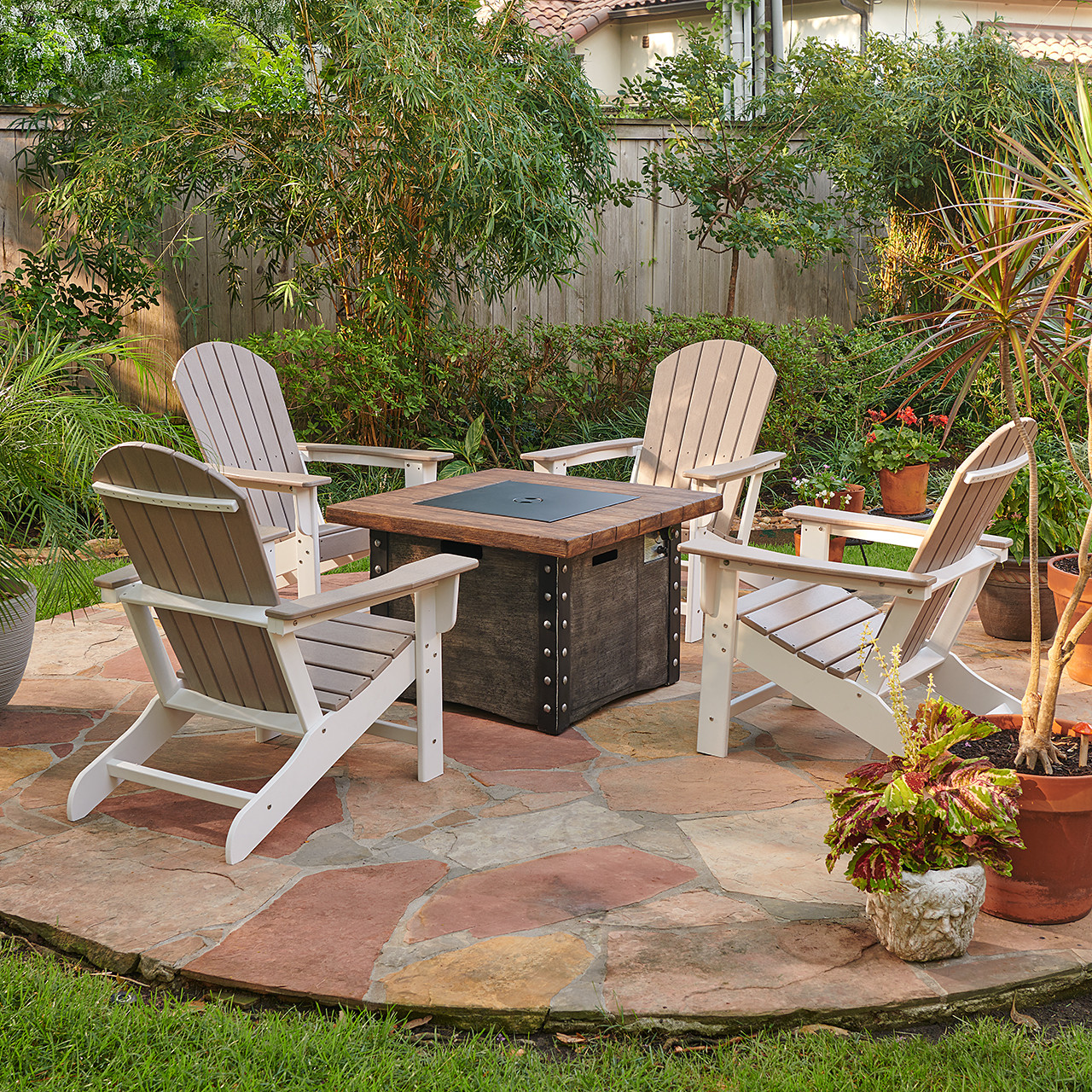 Farmhouse Polymer 5 Piece Adirondack Chair Chat Set + 34.5 in. Sq