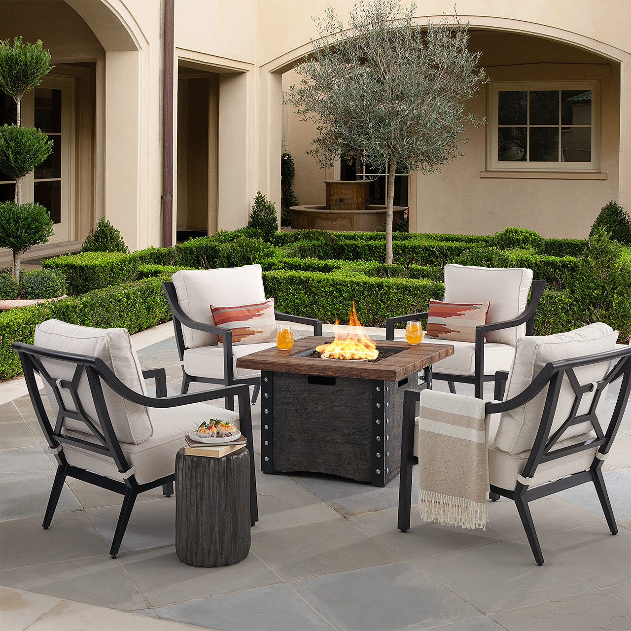 Hill Country Aged Bronze Aluminum and Cushion 5 Piece Chat + 34.5