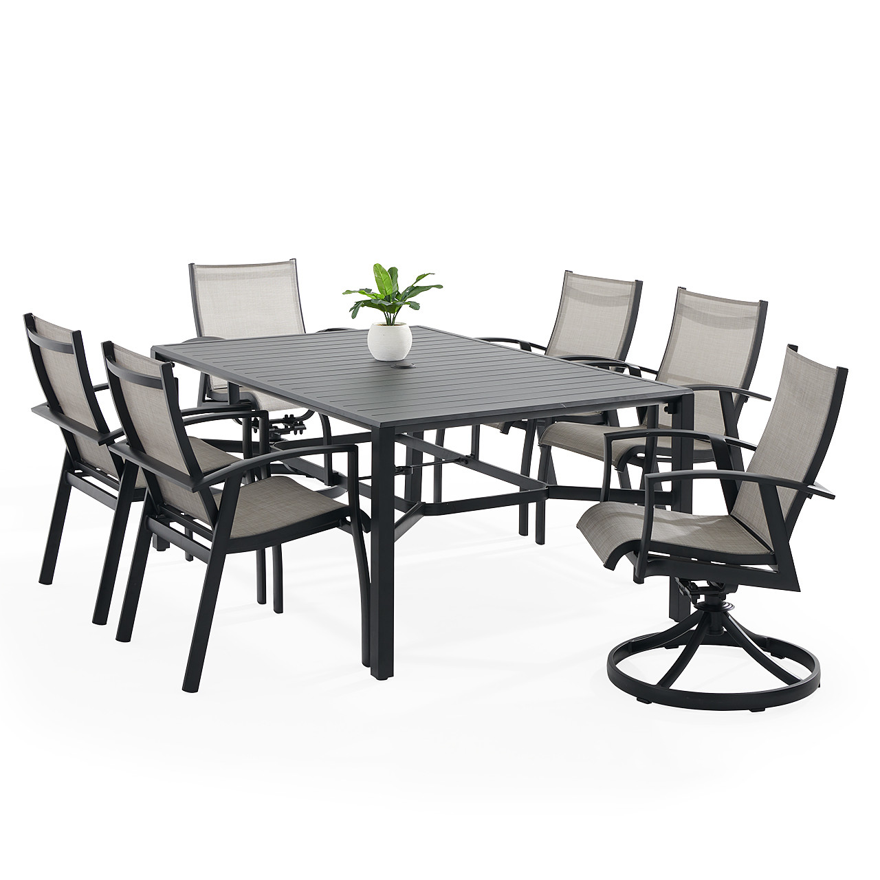 Ventura Textured Black Aluminum with Mica Pearl Sling 7 Piece Combo Dining Set + 66 x 44 in. Table