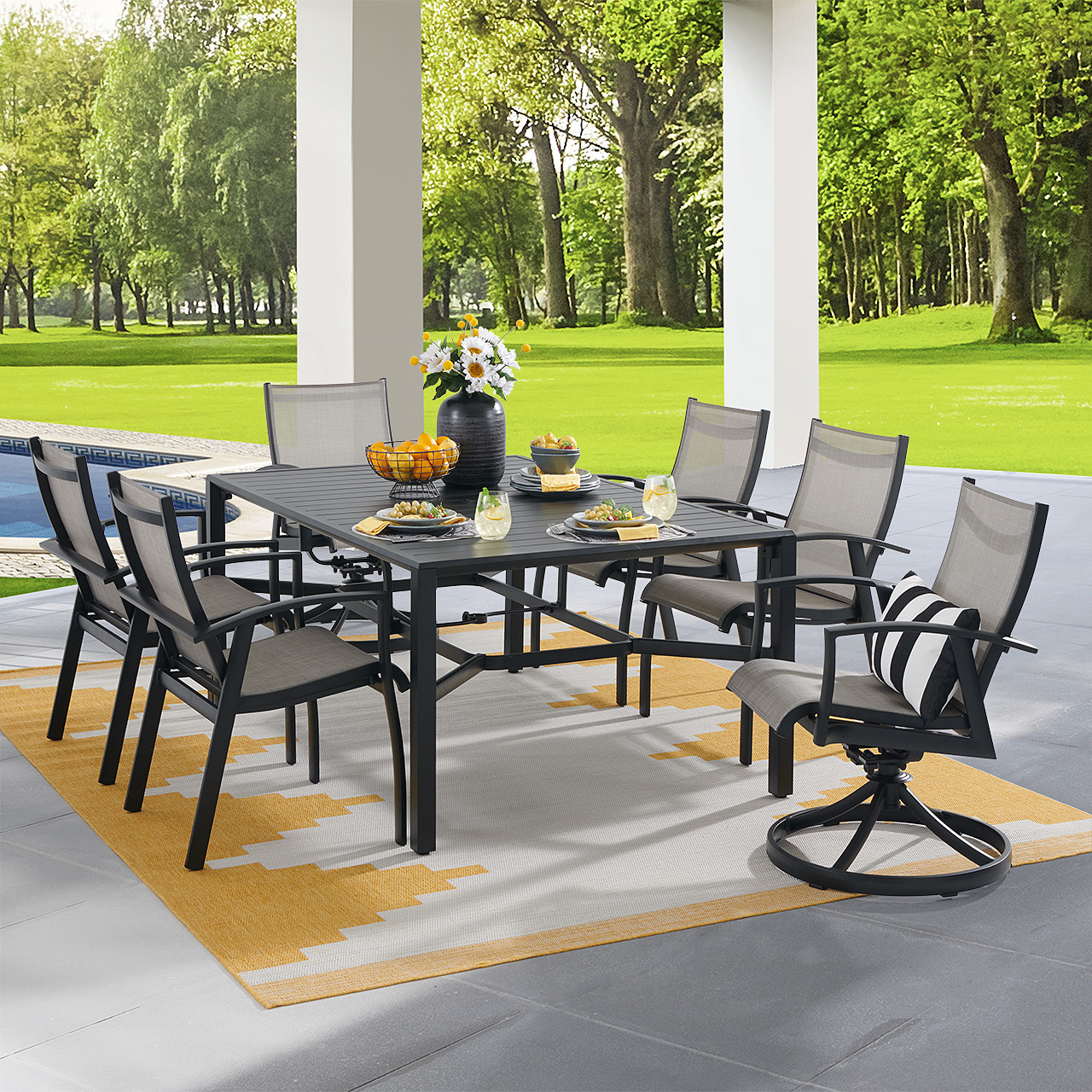 Ventura Textured Black Aluminum with Mica Pearl Sling 7 Piece Combo Dining Set + 66 x 44 in. Table