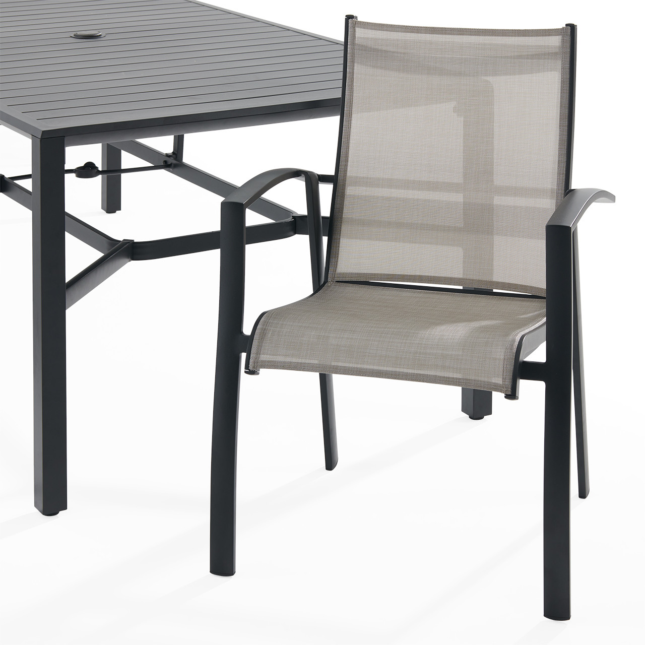 Ventura Textured Black Aluminum with Mica Pearl Sling 7 Piece Dining Set + 84 x 42 in. Table