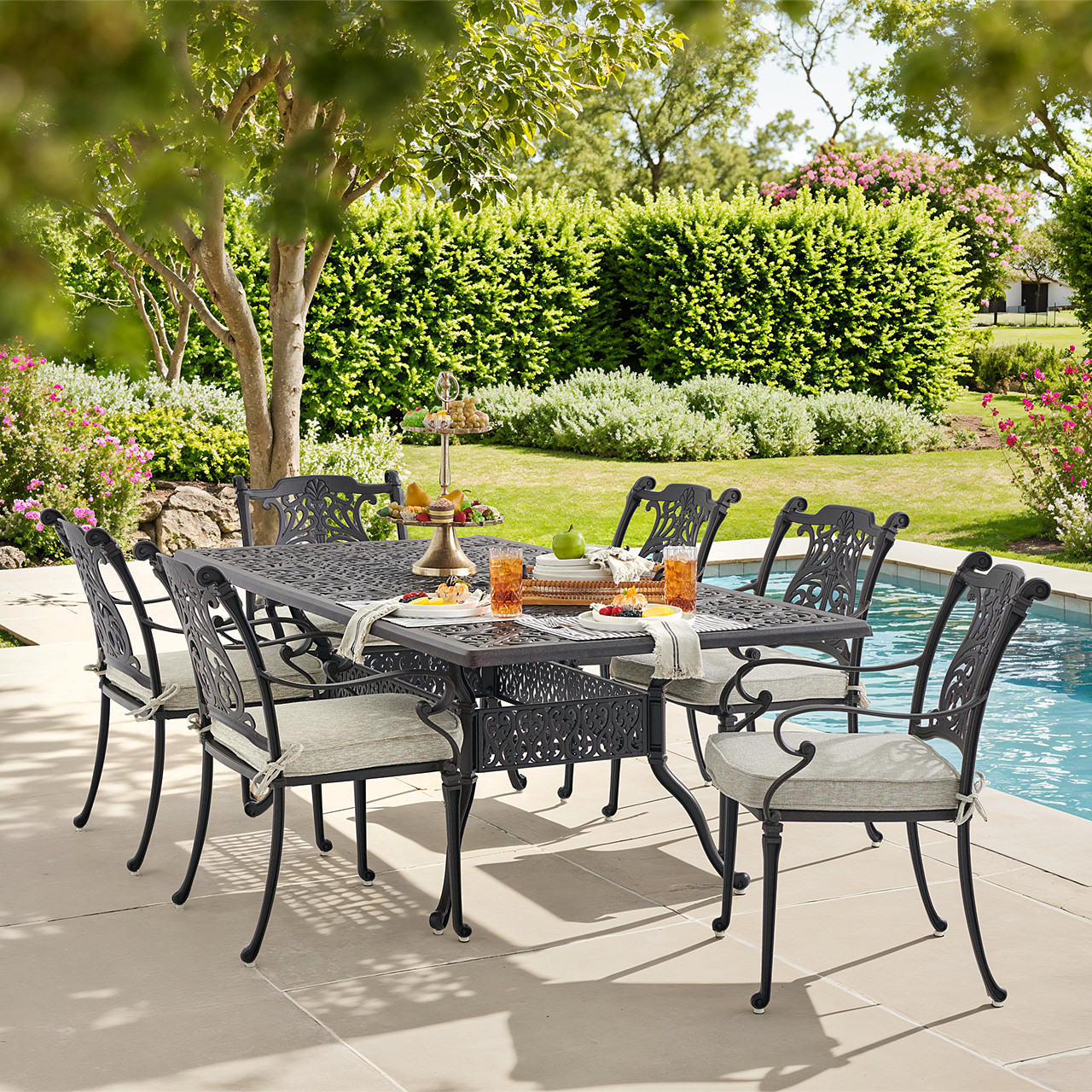 【セール】ALL FROM BOATS ダイニングテーブル オールフロムボート Naples Aged Bronze Cast Aluminum with Cushions 7 Piece Dining Set