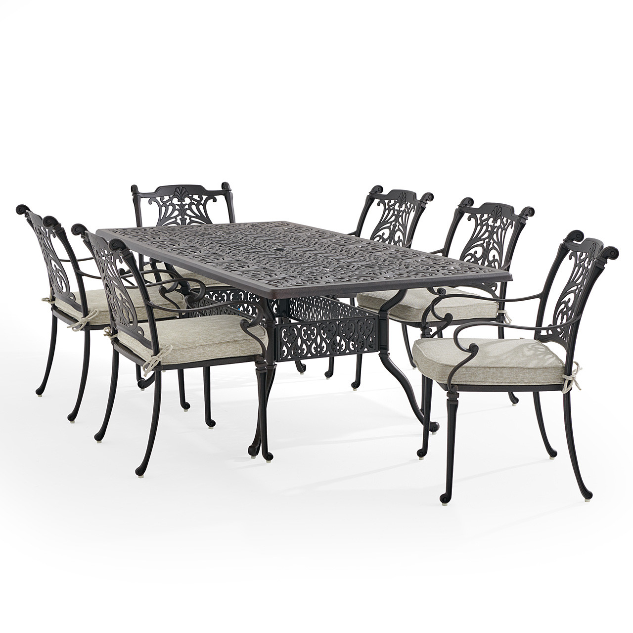 Naples Aged Bronze Cast Aluminum with Cushions 7 Piece Dining Set + 84 x 42 in. Table
