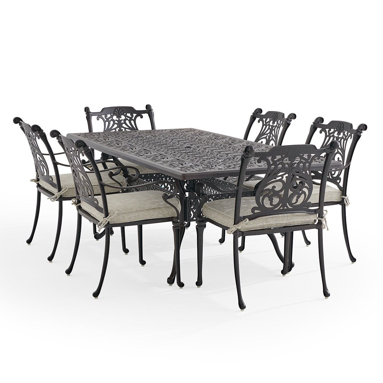 Naples Aged Bronze Cast Aluminum with Cushions 7 Piece Dining Set + 84 x 42 in. Table