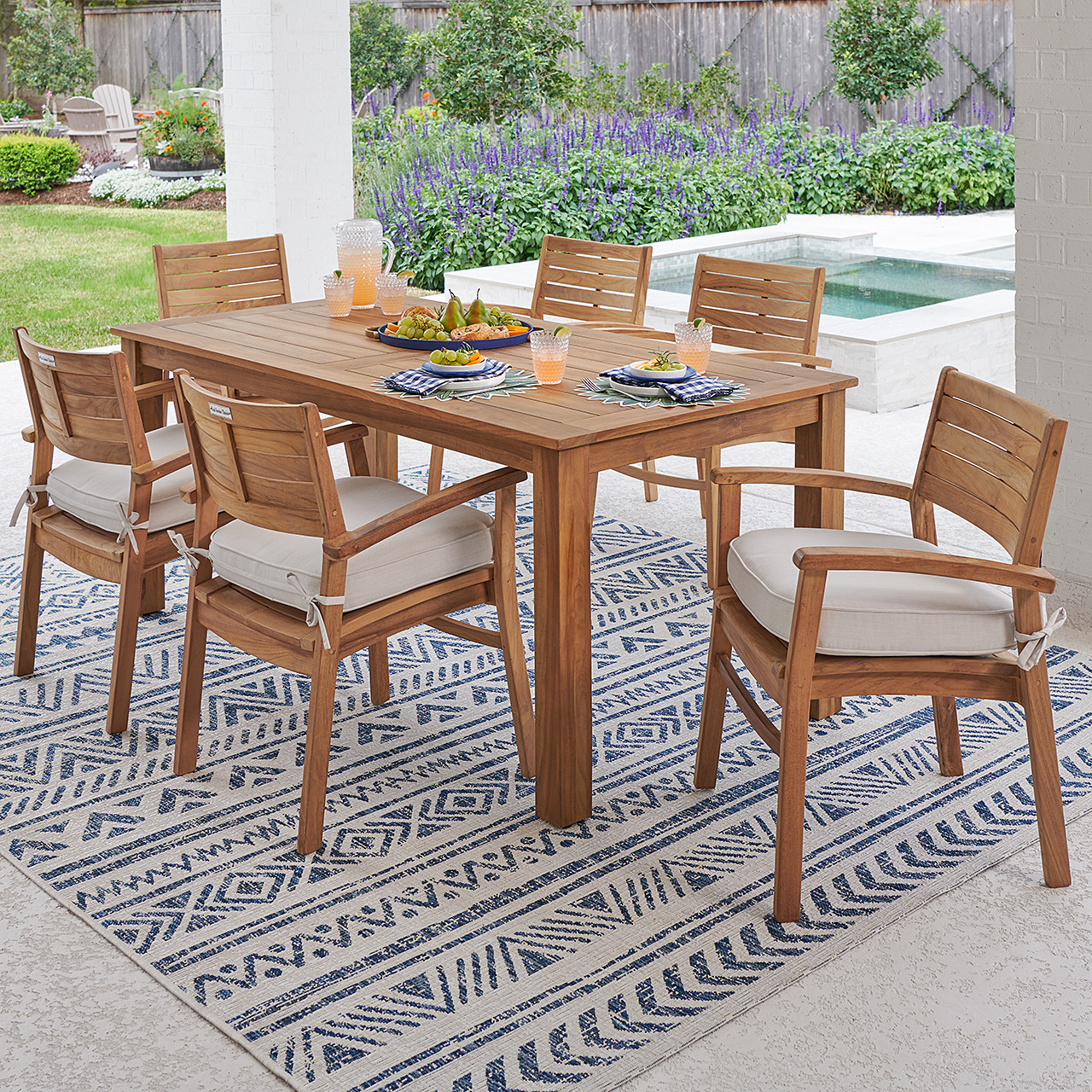 Warwick Teak with Cushions 7 Piece Dining Set + Oxford 71 x 36 in