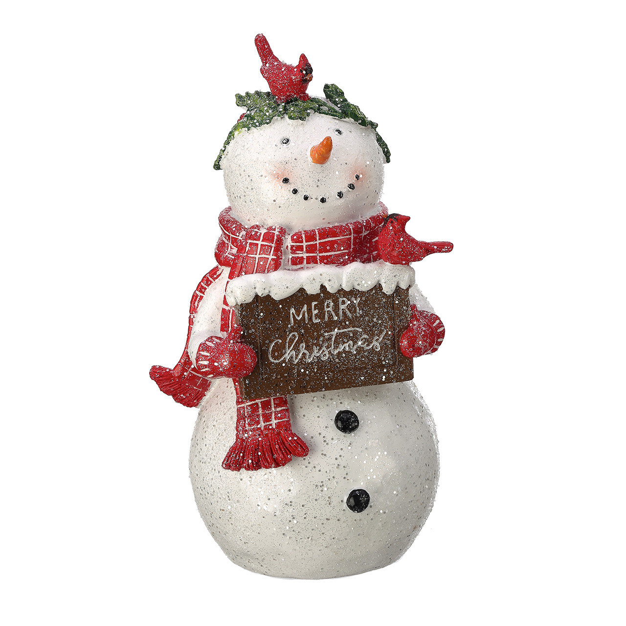 9 in. Resin "Merry Christmas" Snowman with Cardinals