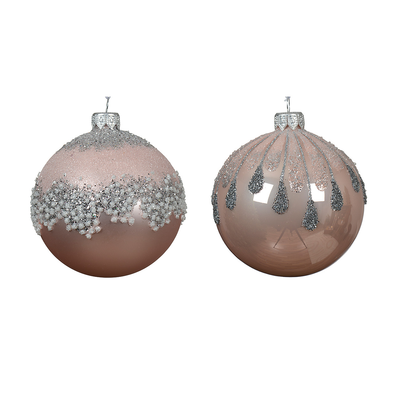 In-Store Only - 80 mm Blush and Silver Dripped Glass Christmas Ball Ornament, Assortment of 2