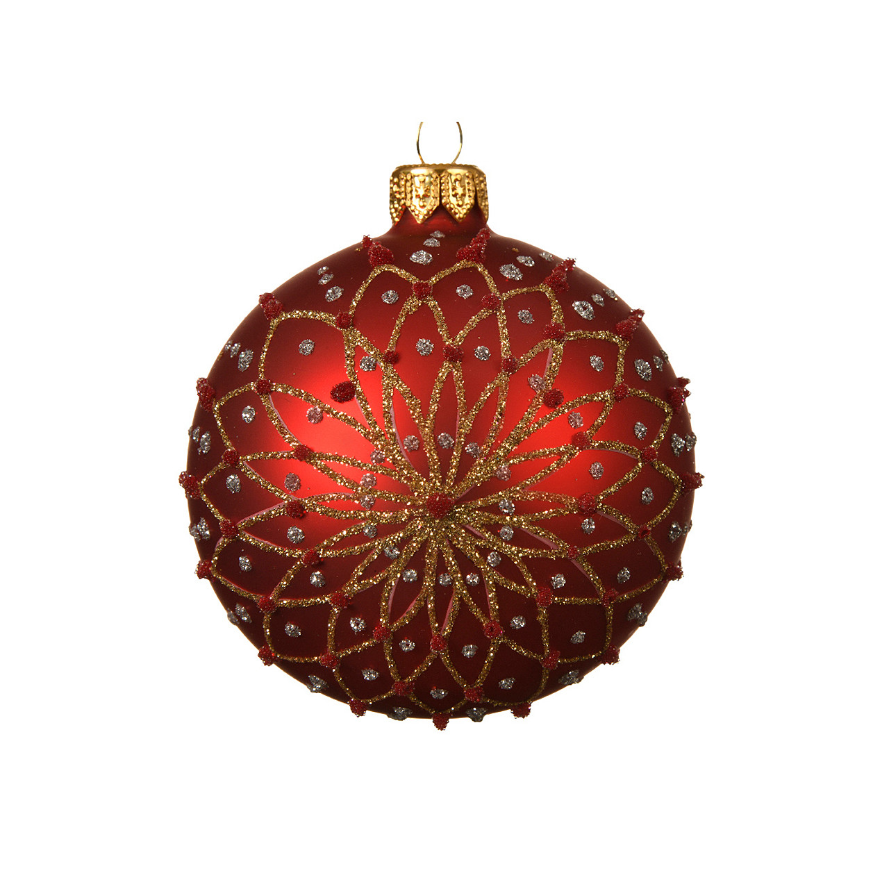 In-Store Only - 80 mm Red Matte Glitter Floral Glass Christmas Ball Ornament