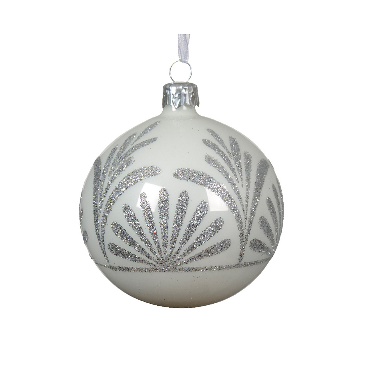 In-Store Only - 80 mm White and Silver Palm Glass Christmas Ball Ornament