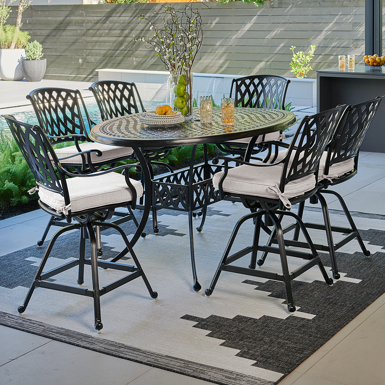 Tivoli Matte Black Cast Aluminum with Cushions 7 Piece Swivel