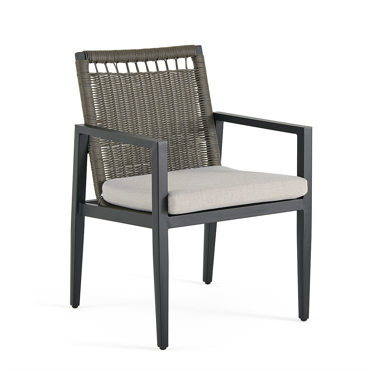 Portofino Husk Midnight Aluminum with Cushions 9 Piece Arm Dining Set + 64 in. Sq. Dining Table