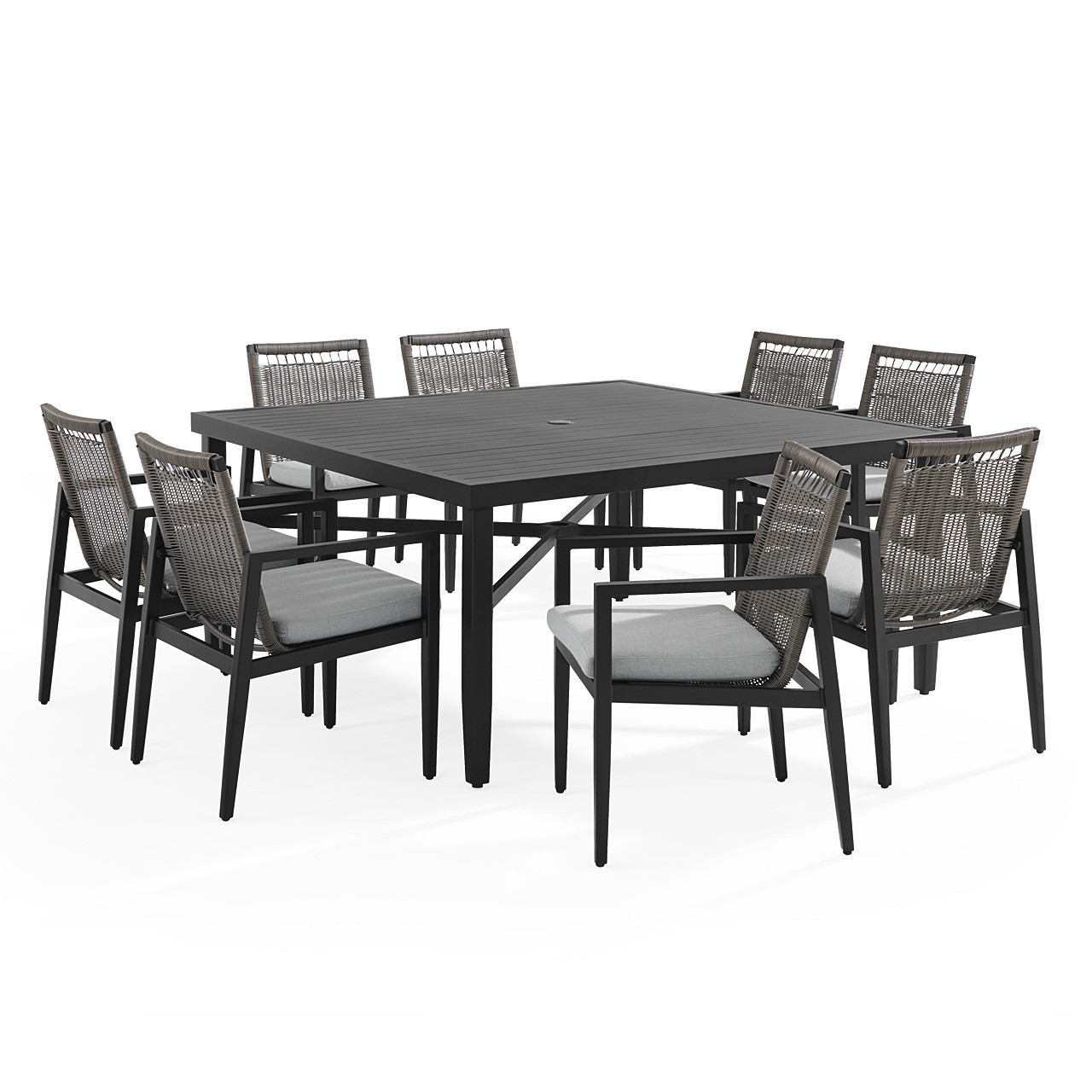 Portofino Husk Midnight Aluminum with Cushions 9 Piece Arm Dining Set + 64 in. Sq. Dining Table